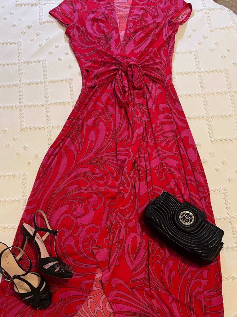 Michael Kors Red Magenta Swirl Print Faux Wrap Maxi Dress Cap Sleeve Tie Waist-6
